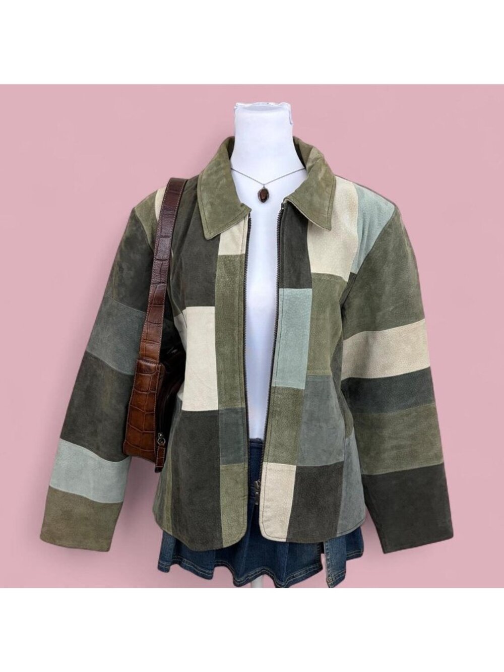 y2k green patchwork boho suede leather jacket